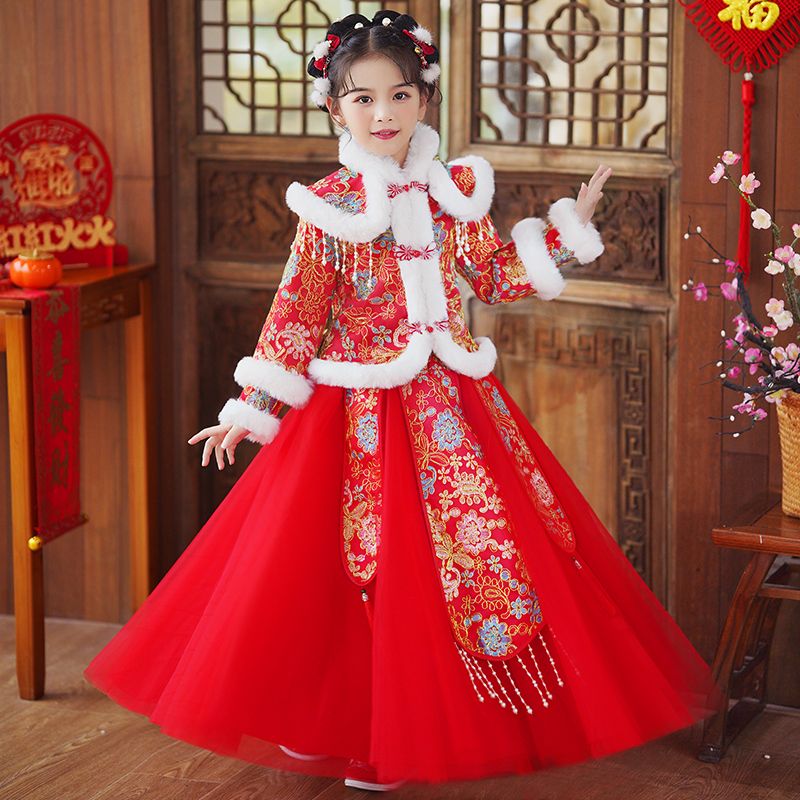 女童漢服冬季喜慶拜新年古裝加厚兒童唐裝加絨中國風女孩過年冬裝