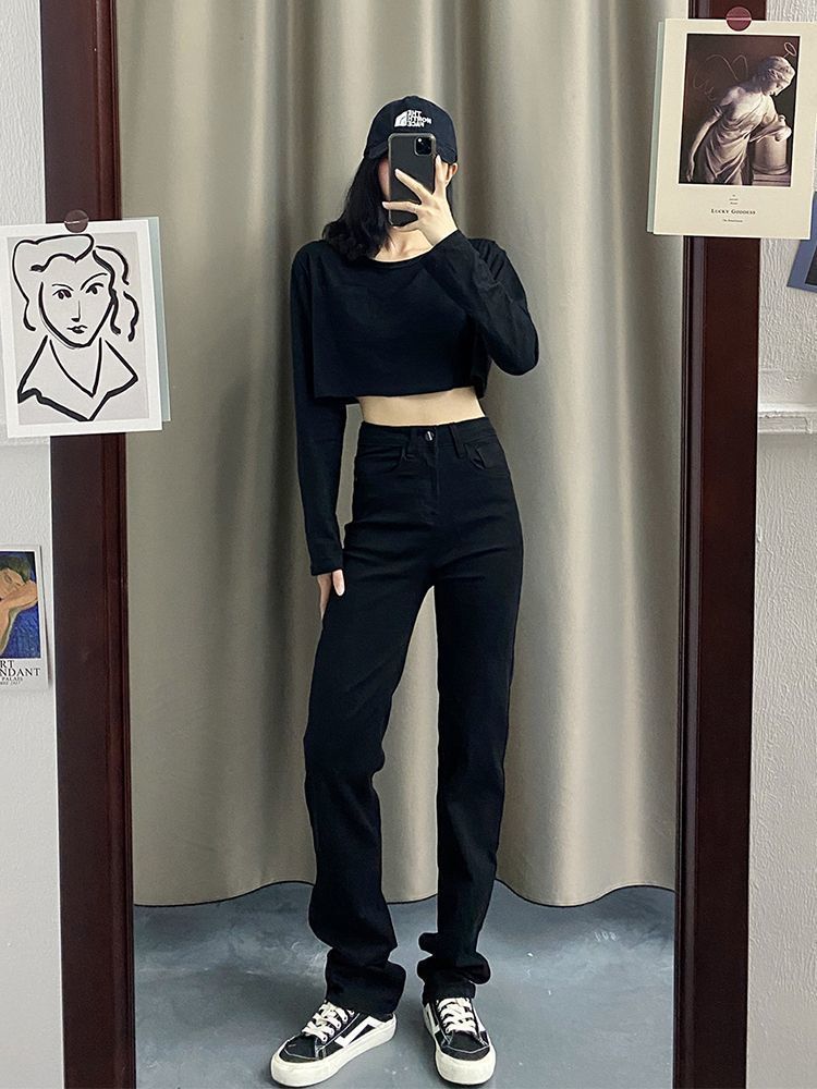 大碼黑色高腰牛仔褲女2023春秋新款胖mm顯瘦高街直筒煙管拖地長褲