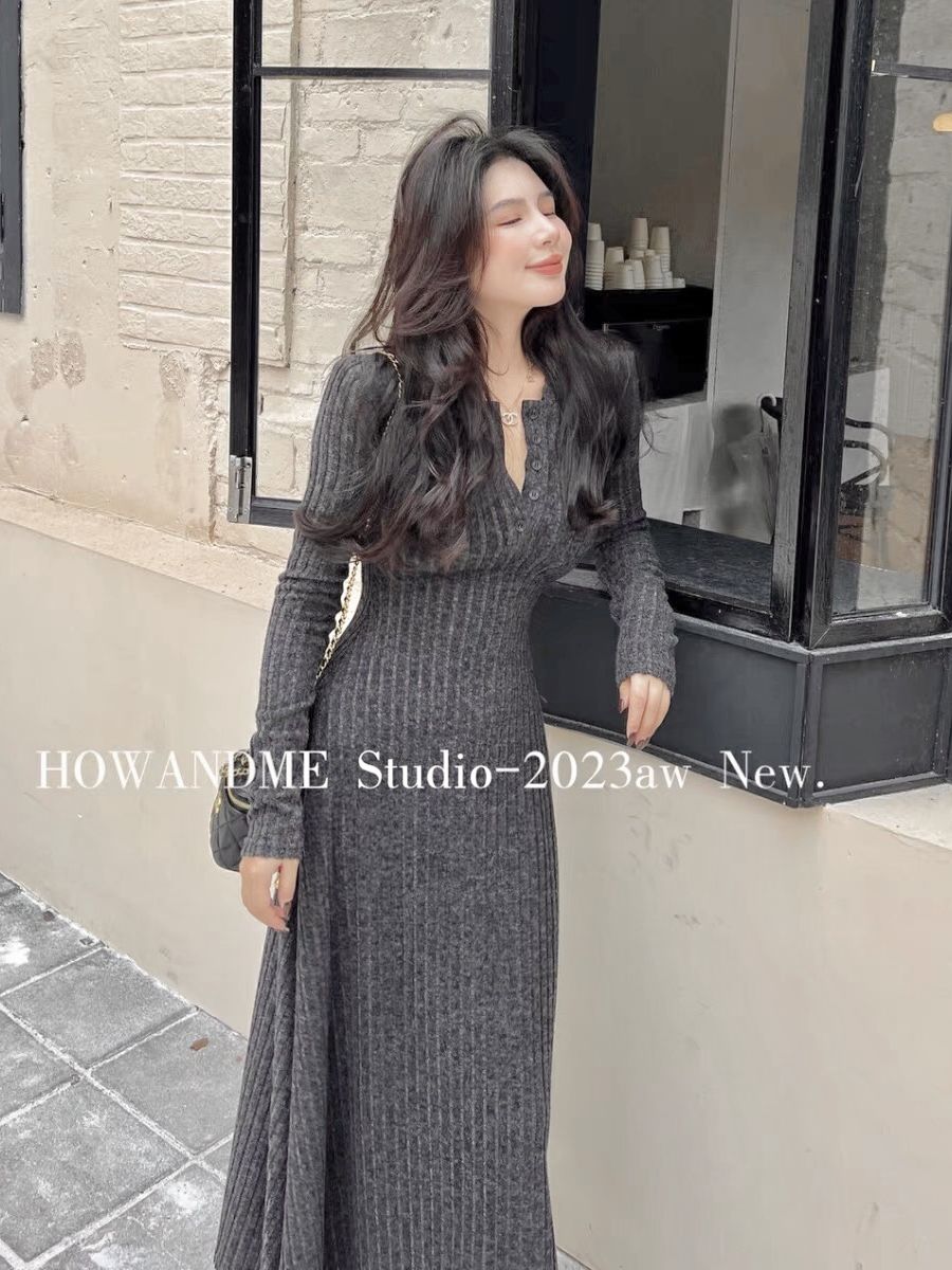 howandme autumn and winter  new French waist slimming mid-length bottoming skirt long-sleeved knitted dress for women