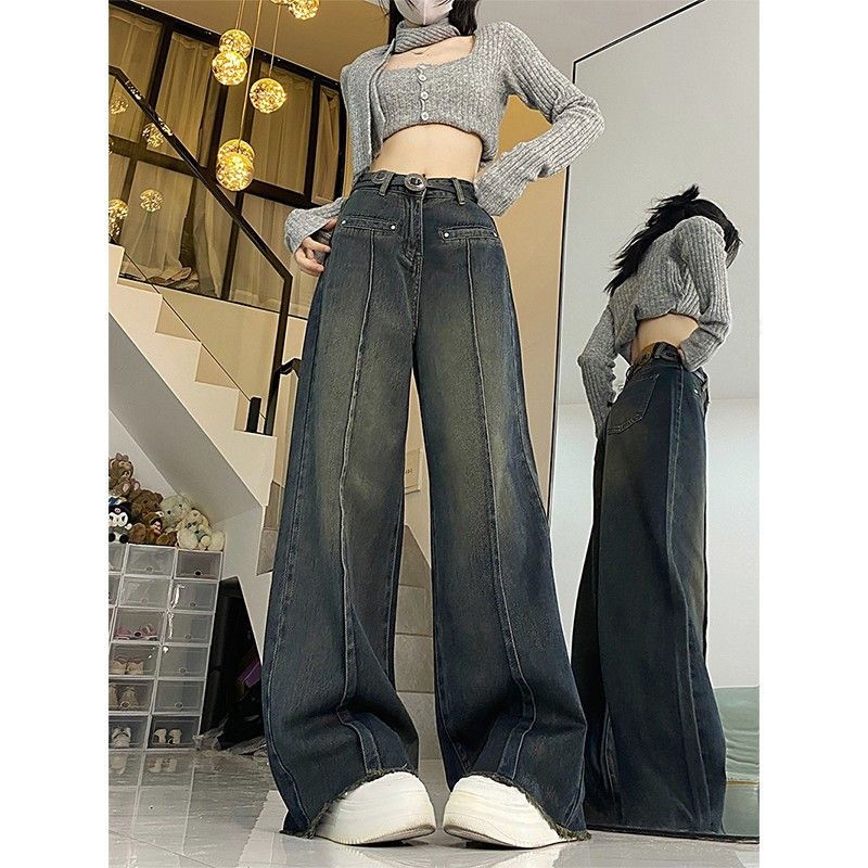 復古毛邊美式闊腿牛仔褲女秋冬水泥灰寬鬆梨形身材瘦高直筒拖地褲