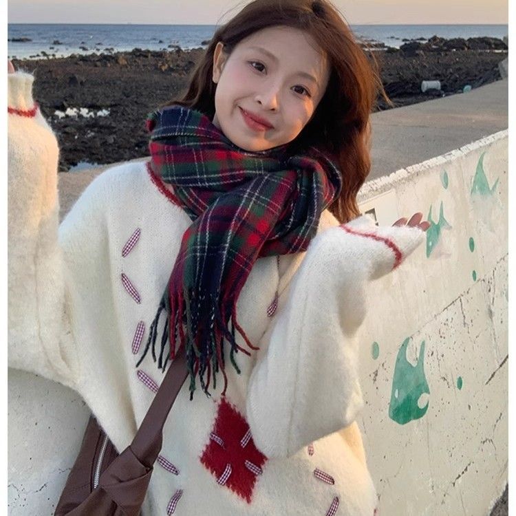 韓版白色慵懶風粗線毛衣女2023秋冬新款設計感外穿寬鬆拼色針織衫