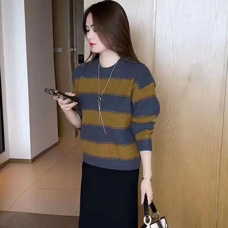 條紋女士針織衫毛衣2023秋冬新款氣質寬鬆洋氣時尚減齡上衣