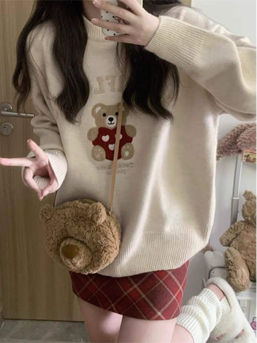 小熊刺繡針織毛衣女裝秋冬2023新款甜美法式軟糯套頭寬鬆長袖上衣
