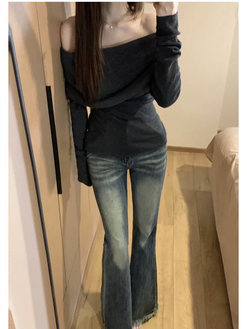 美式復古毛邊微喇牛仔褲女秋季新款高腰修身顯瘦直筒做舊拖地長褲