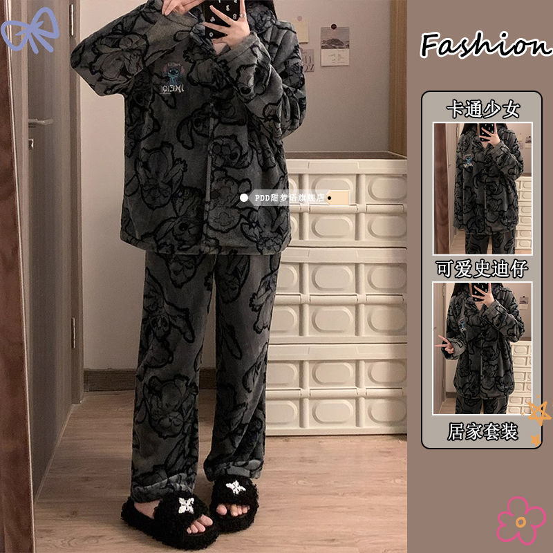 日系ins睡衣女冬季加厚法蘭絨卡通可愛外穿保暖珊瑚絨家居服套裝