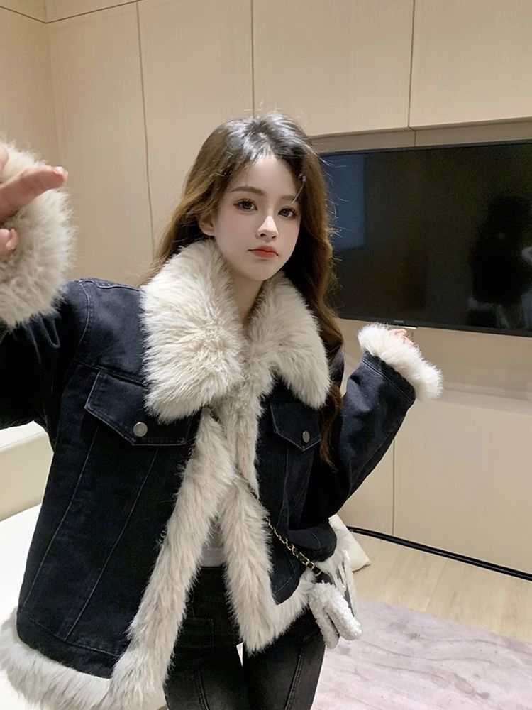 Denim short splicing fur top thickened cotton clothing autumn and winter new high-end street lamb plush jacket for women