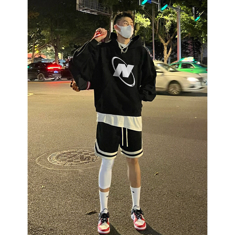 潮牌設計感印花高街連帽衛衣男秋冬季hiphop復古寬鬆套頭外套加厚