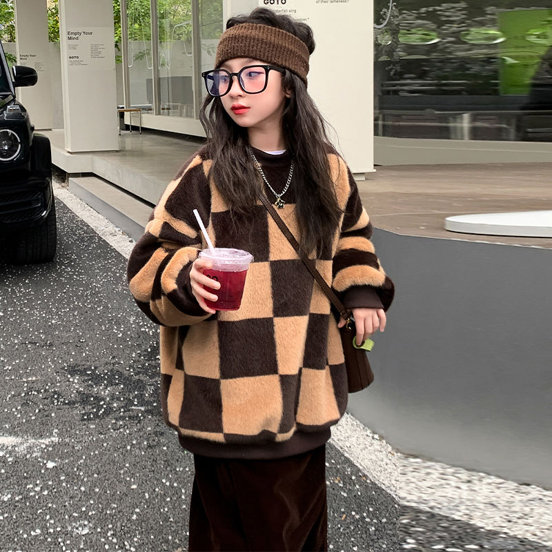 女童冬裝加絨衛衣2023新款洋氣兒童秋冬款加厚小女孩冬季毛毛上衣