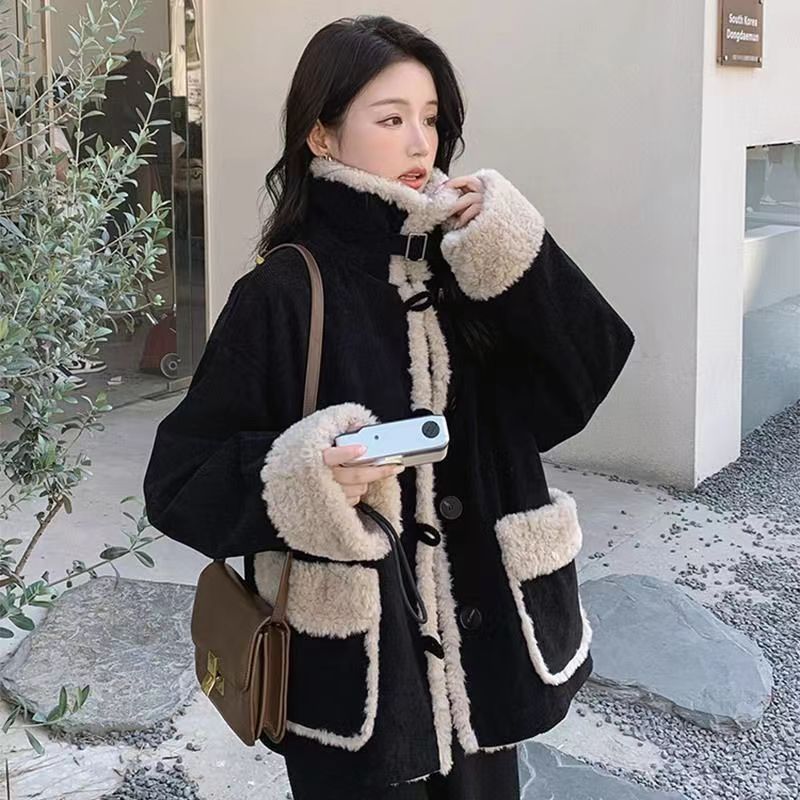 黑色復古燈芯絨羊羔毛外套女2023秋冬新款韓系慵懶風厚加絨上衣