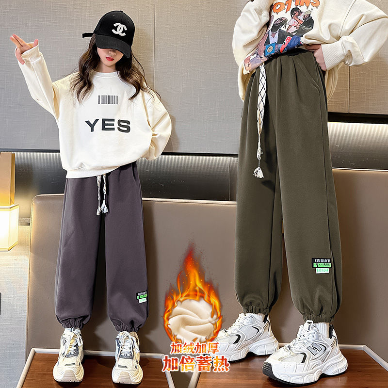 女童加絨褲子秋冬兒童洋氣時髦寬鬆衛褲大童冬季加厚一體絨運動褲