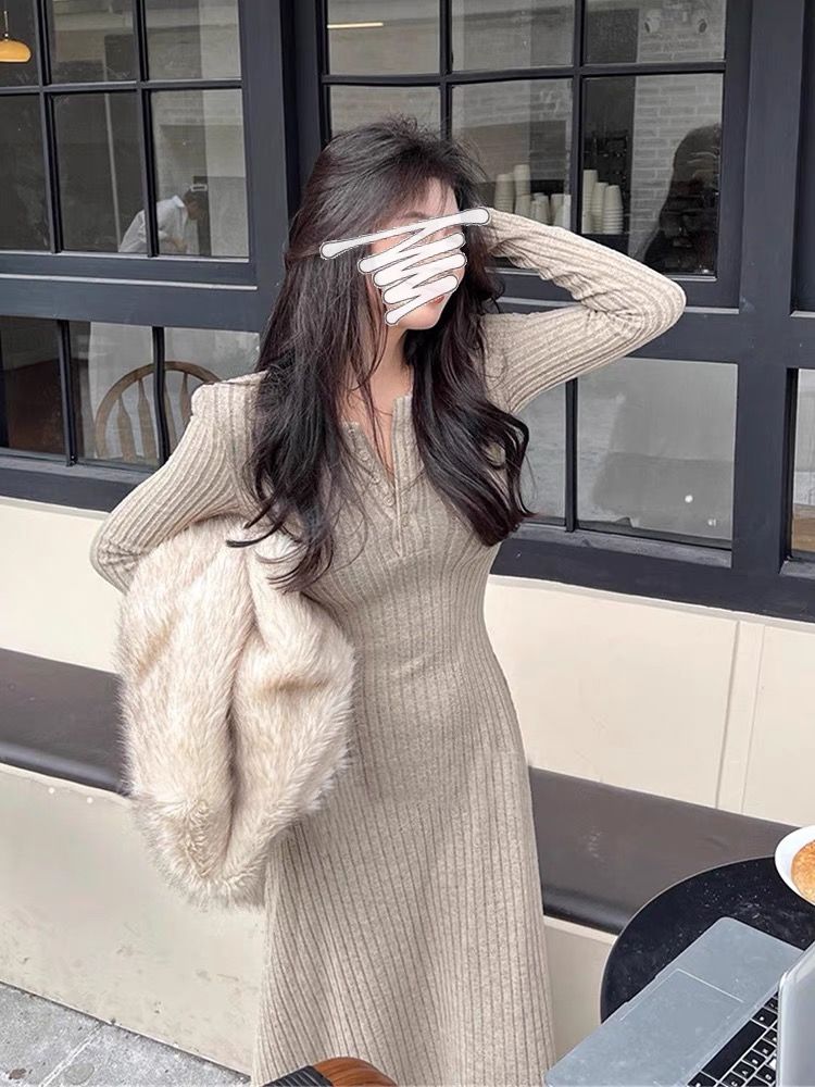 冬季新款韩版气质修身显瘦坑条v领针织连衣裙过膝长裙打底裙