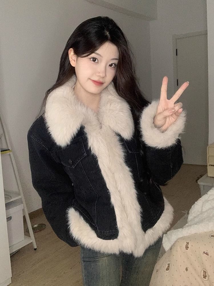 Xiaoxiangfeng fur collar inner padded jacket short coat for women autumn and winter high-end temperament denim plush splicing top