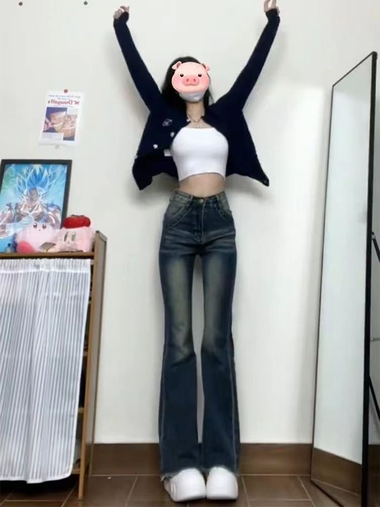 美式復古高腰顯瘦水洗微喇叭牛仔褲女秋冬新款純欲風百搭拖地褲子