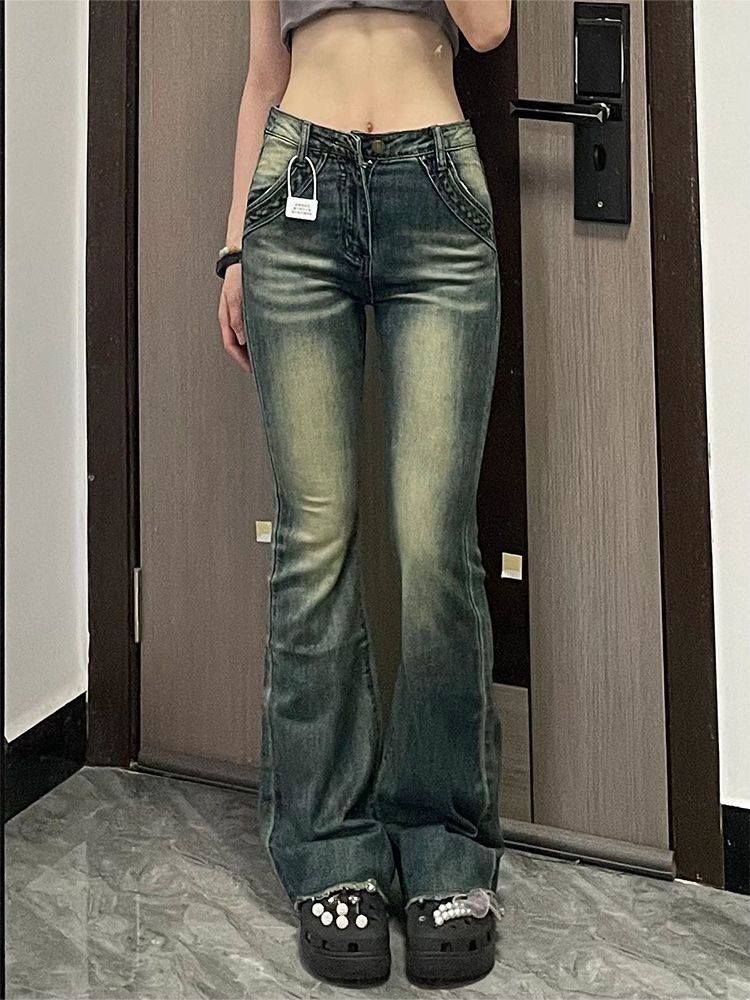 復古辣妹毛邊微喇牛仔褲女秋季新款高腰修身顯瘦直筒拖地喇叭褲子