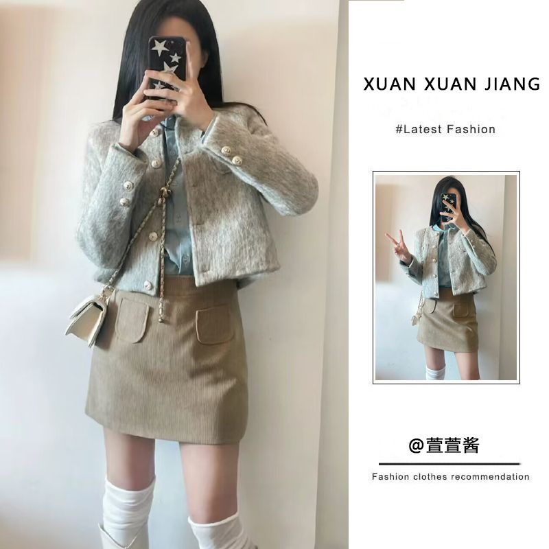 套裝女秋冬新款純欲風辣妹毛呢外套長袖襯衫高腰顯瘦半身裙三件套