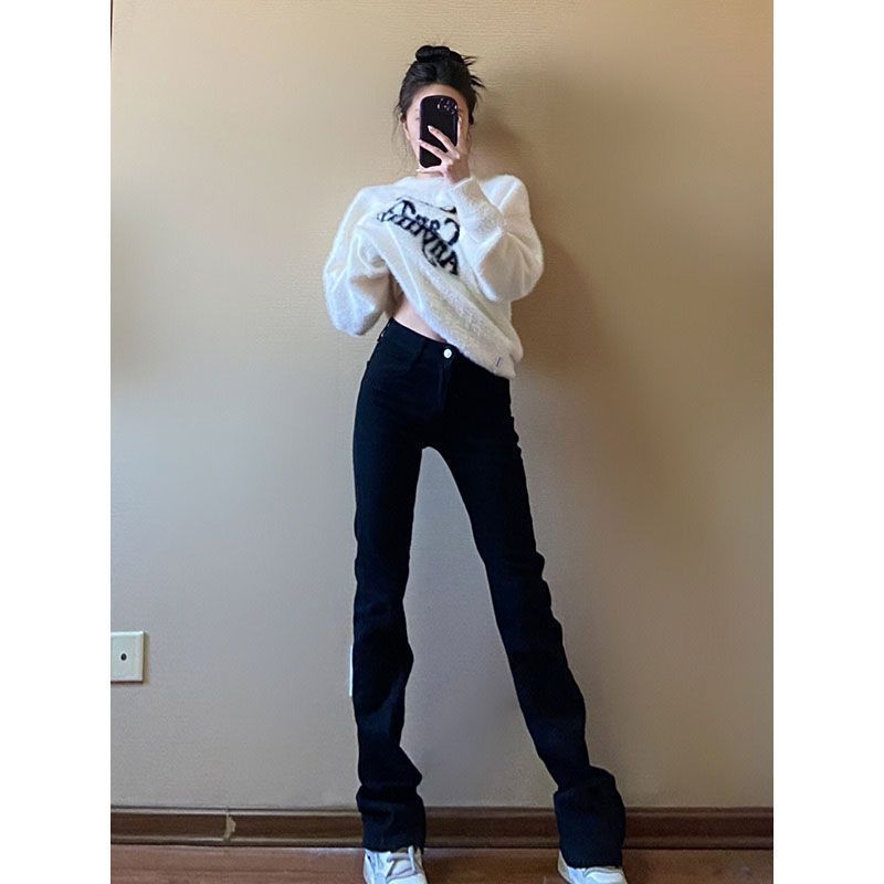 美拉德秋冬高腰直筒牛仔褲女彈力顯瘦高個子黑色拖地加長煙管褲子