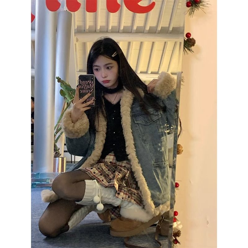 Denim quilted jacket for women 2023 autumn and winter new toka wool ins Korean design college style slim top
