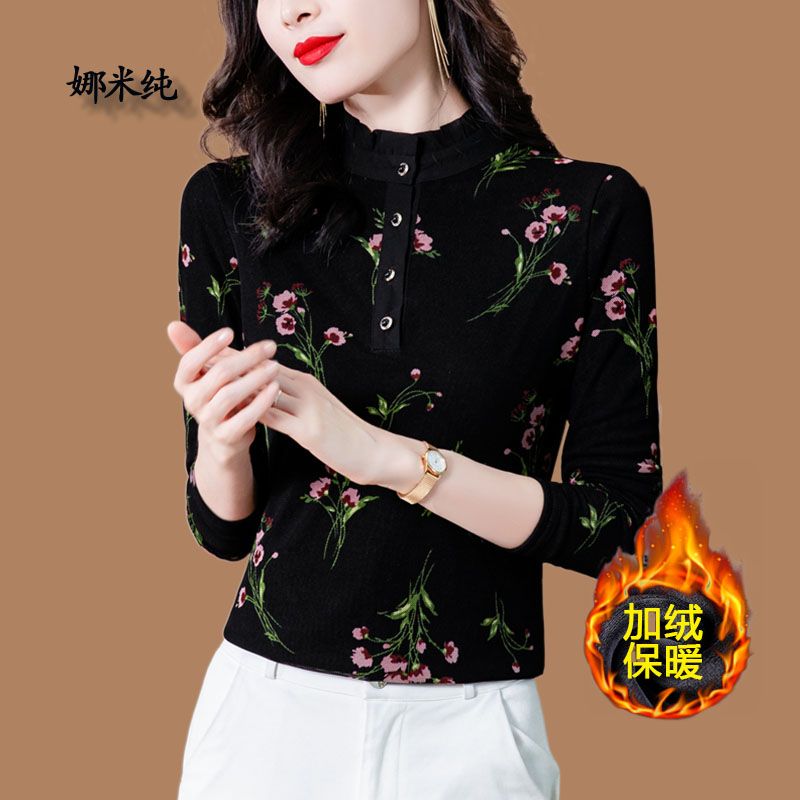 秋冬加絨加厚打底衫女長袖2023年新款半高領印花修身洋氣媽媽上衣