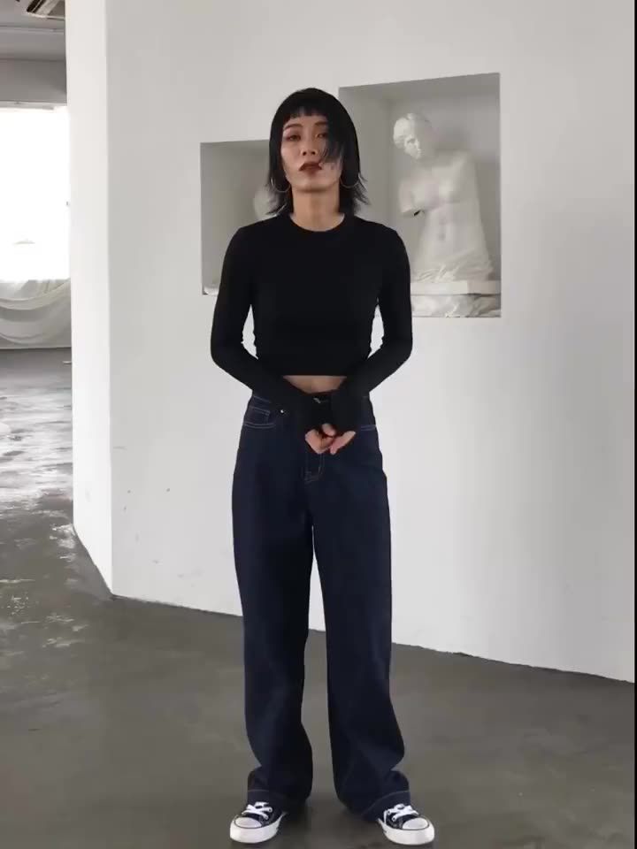 短款露腰長袖t恤女2023春秋甜酷黑色體恤港風打底衫上衣夏薄款ins
