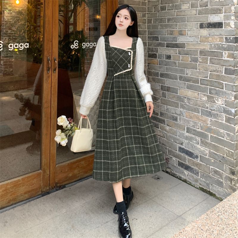 微胖大碼毛呢連衣裙女秋冬2023新款格子法式千金復古小香風長裙