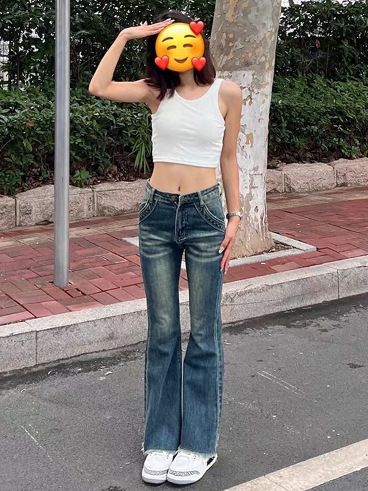 復古懷舊微喇牛仔褲女高腰緊身春秋新款顯瘦百搭純欲拖地喇叭褲子