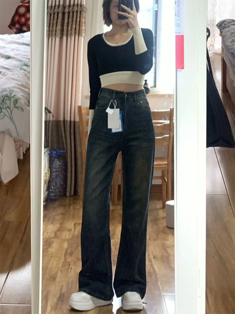 加絨美式高街復古直筒牛仔褲女2023秋冬季高腰vibe風闊腿拖地長褲