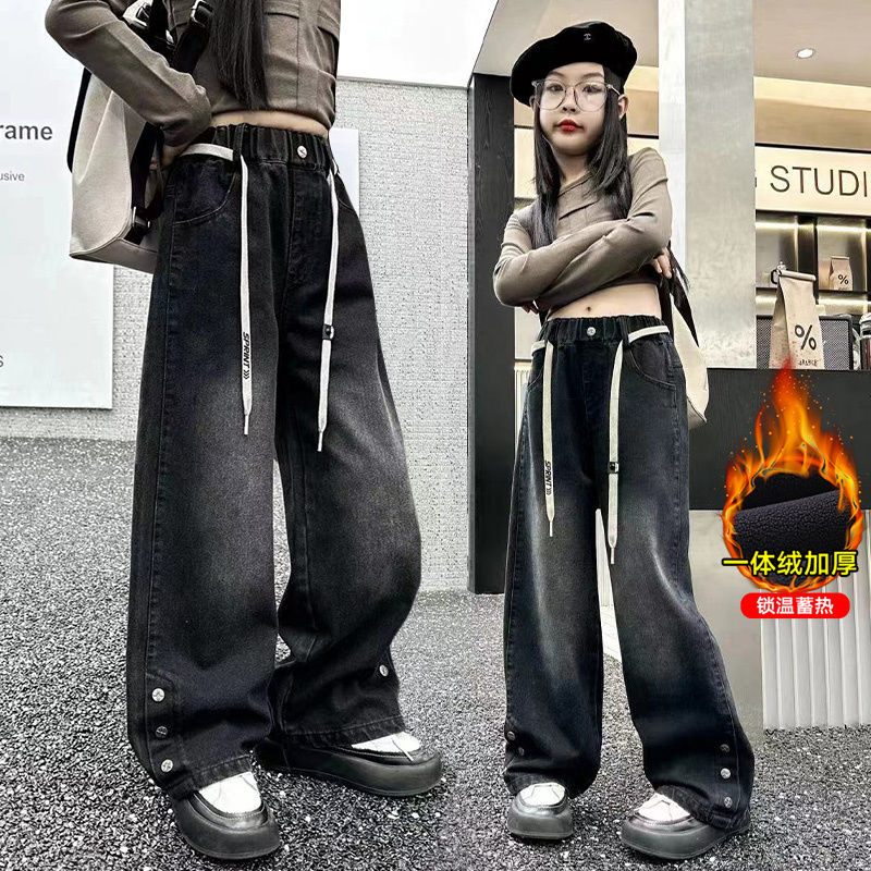 女童加絨褲子冬季兒童加厚牛仔褲女孩秋冬洋氣外穿寬鬆一體絨長褲