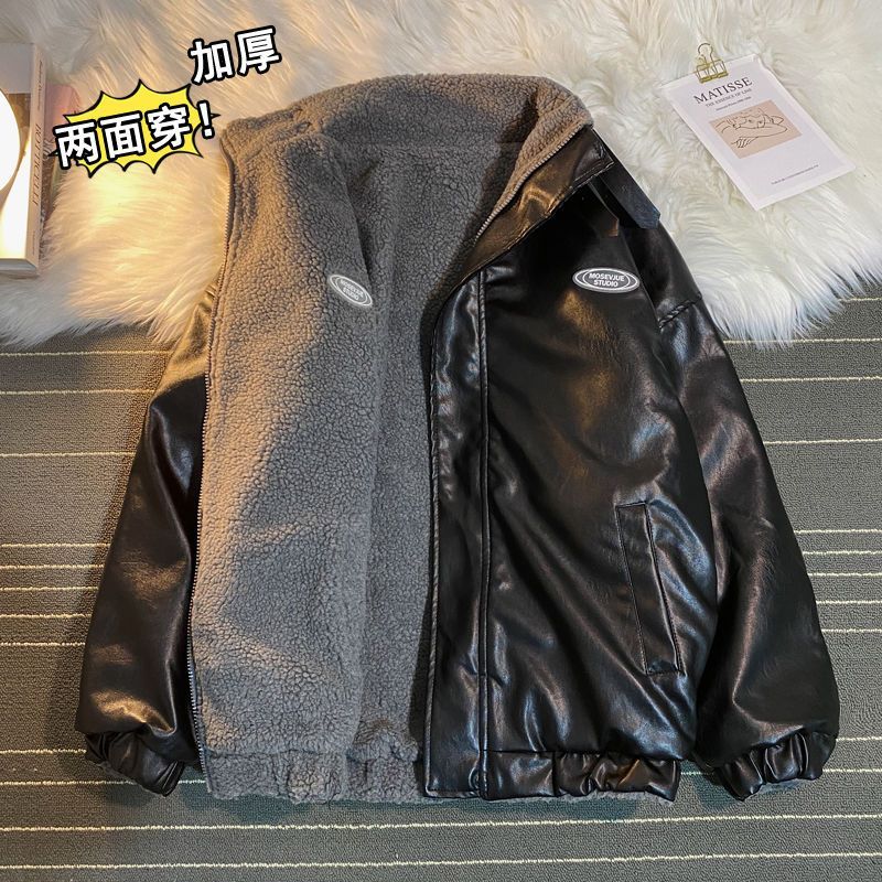 ins冬季加絨加厚羊羔絨外套寬鬆潮牌兩面棉服PU潮流棉衣棉襖