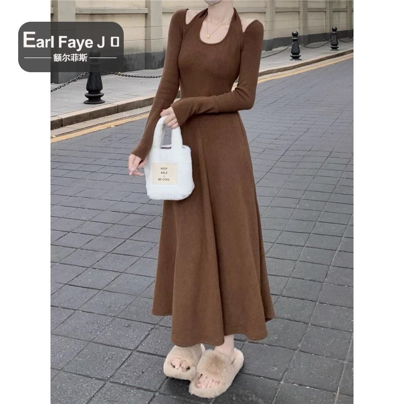 美式復古潮牌純欲性感修身長袖長裙新款2023春秋季薄款打底裙ins
