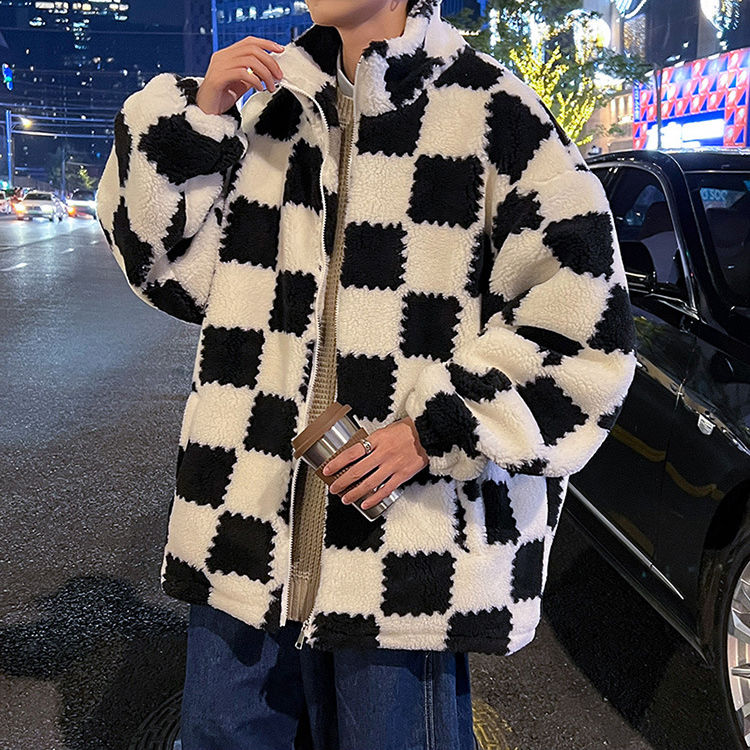 2023冬季棋盤格仿羊羔絨男士外套保暖加厚立領棉衣寬鬆百搭潮痞帥