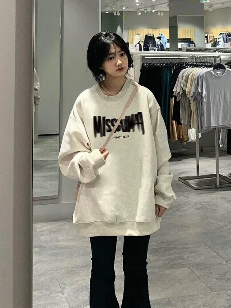 100%純棉圓領衛衣無帽女秋冬寬鬆外穿學生小個子加絨加厚上衣打底
