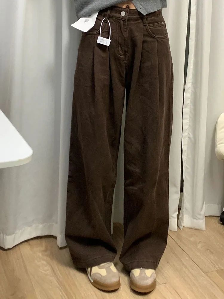 美拉德咖色闊腿牛仔褲女秋季新款高腰寬鬆顯瘦百搭直筒拖地褲子潮