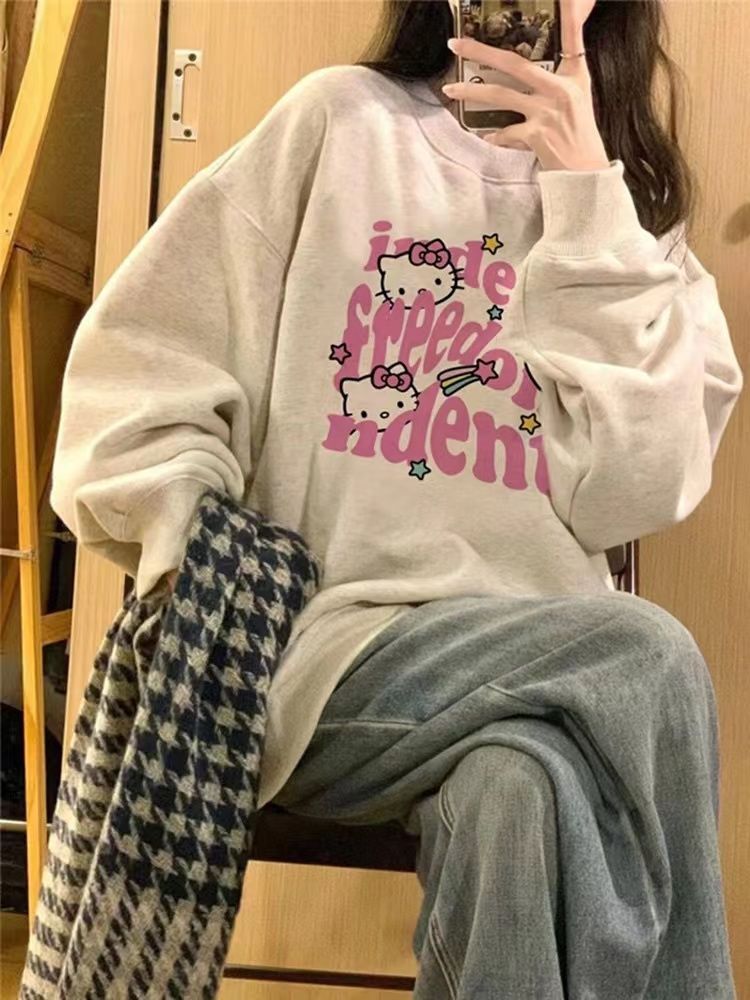 復古法式哈嘍kitty圓領無帽灰色衛衣秋冬薄款寬鬆慵懶長袖上衣潮