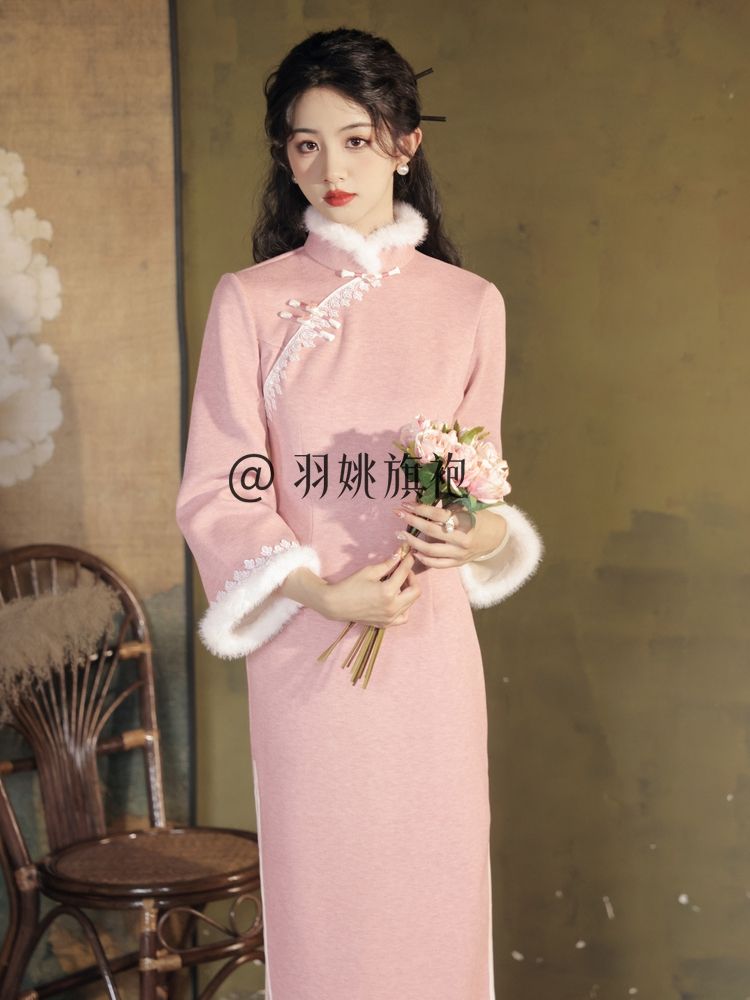 粉色毛呢旗袍女冬季新中式年輕款少女改良平時可穿中國風加絨加厚