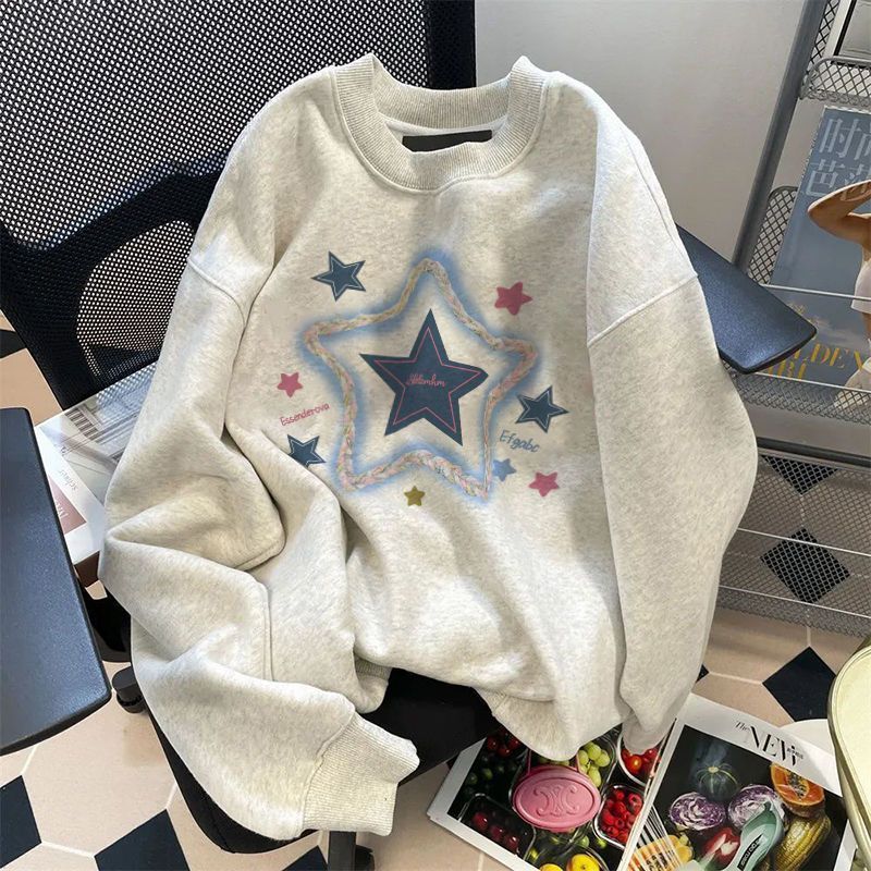 純棉國潮hiphop印花星星灰色圓領衛衣女秋冬新款設計加厚上衣寬鬆