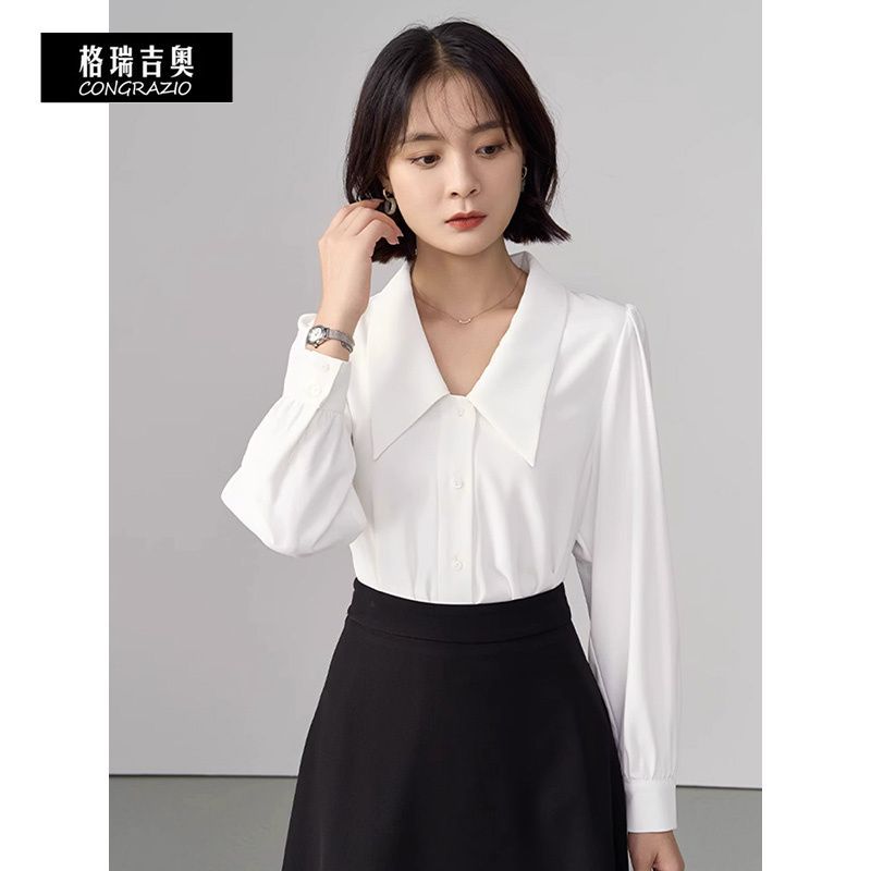 CONGRAZIO/格瑞吉奧法式職業通勤白色襯衫女長袖內搭尖領氣質上衣