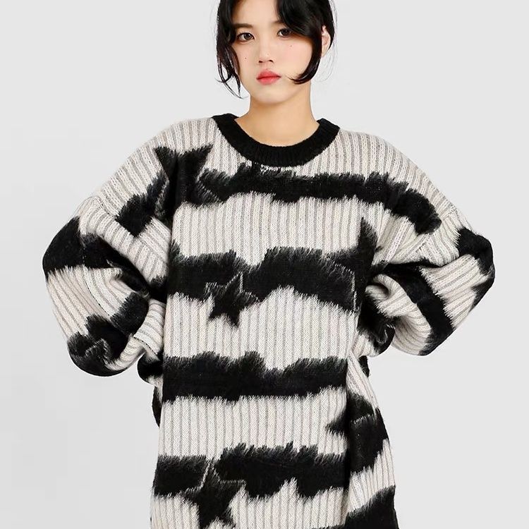 American High Street Contrast Color Striped Sweater Women's  Autumn and Winter New Loose Star Lazy Style Sweater Top