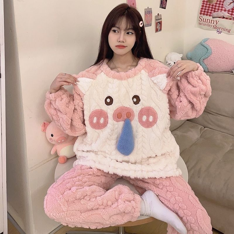 100%睡衣女秋冬加厚法蘭絨甜美可愛網紅珊瑚絨大碼寬鬆居家服套裝