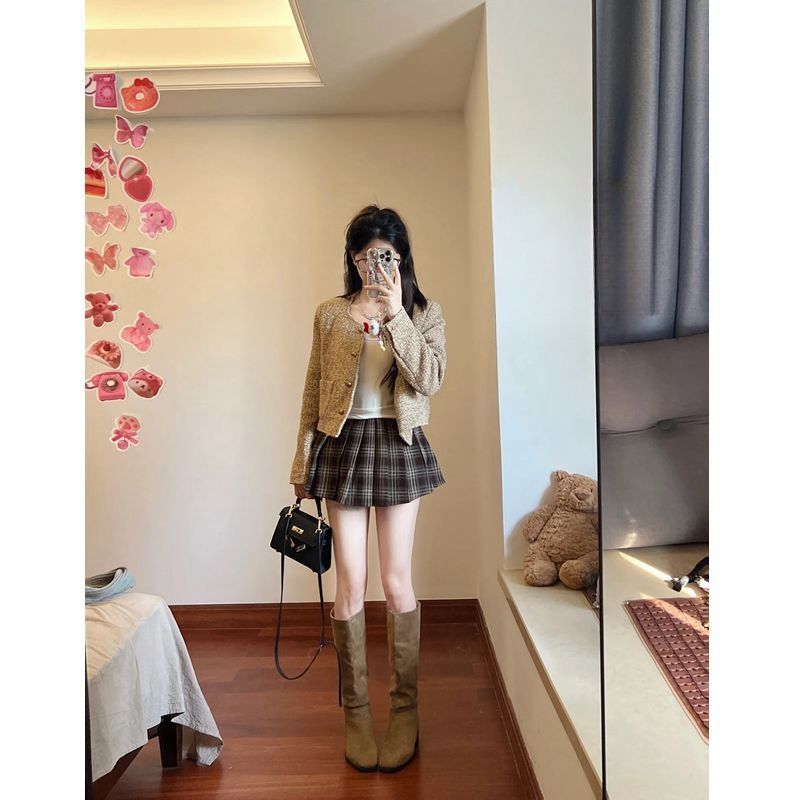 套裝女2023秋冬新款小香風圓領粗花呢短款外套高腰顯瘦格紋半身裙