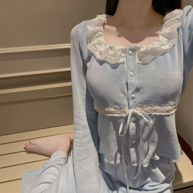 網紅風海島絨睡衣女秋冬季帶胸墊性感純欲風甜美蕾絲邊家居服套裝