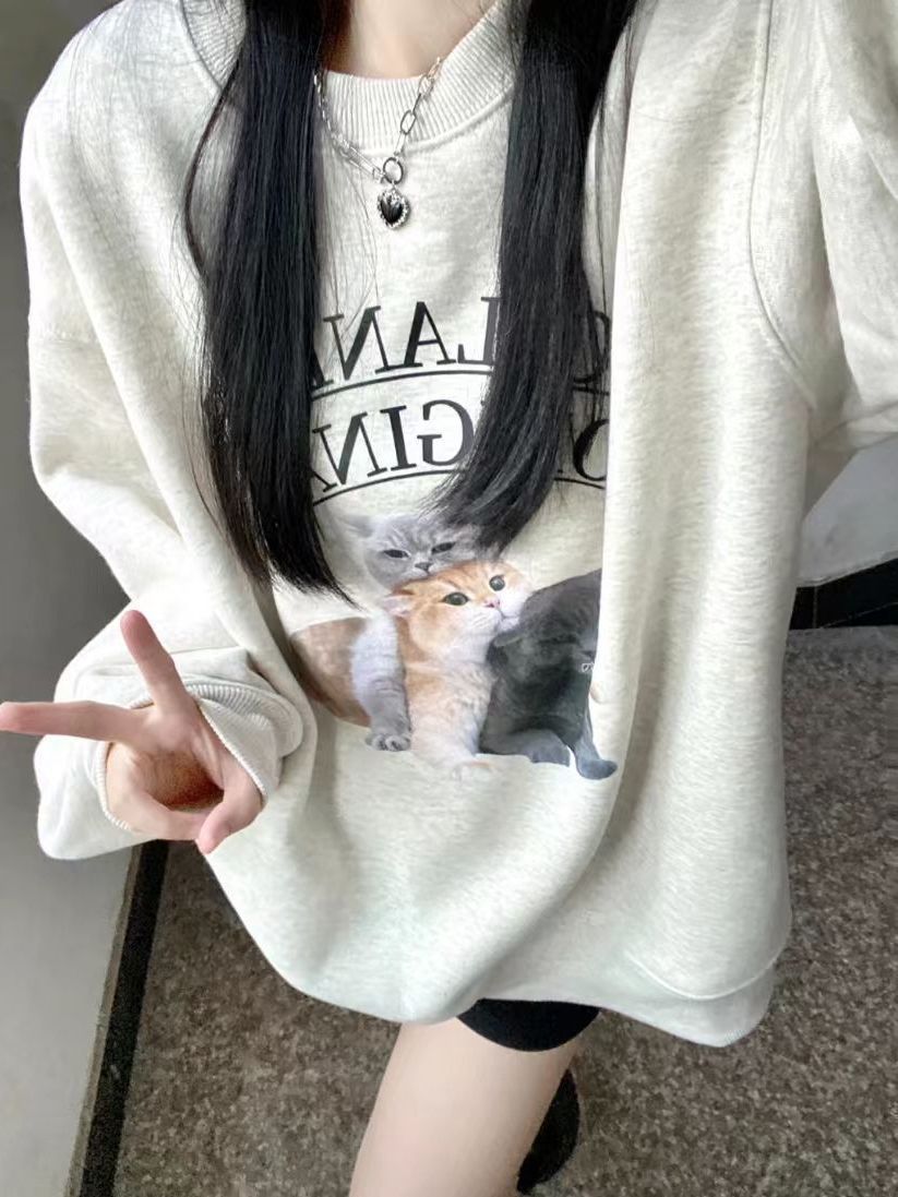 美式純棉圓領貓咪復古衛衣女印花加絨寬鬆高級感衛衣國潮外套上衣