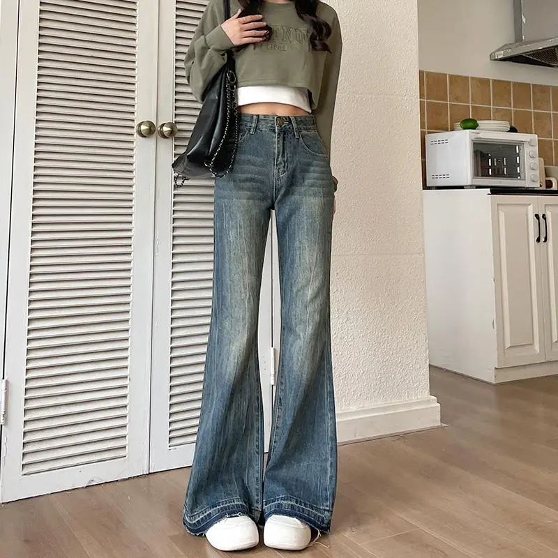 復古藍微喇叭牛仔褲女辣妹秋冬季新款高腰顯瘦寬鬆馬蹄休閒長褲子