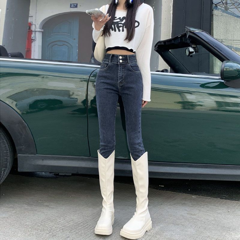 雙扣彈力小腳牛仔褲女2023秋新款高腰百搭顯瘦鉛筆褲梨形身材外穿