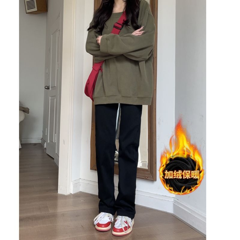 黑色加長直筒牛仔褲女秋冬新款加絨加厚高腰彈力顯瘦百搭煙管褲子