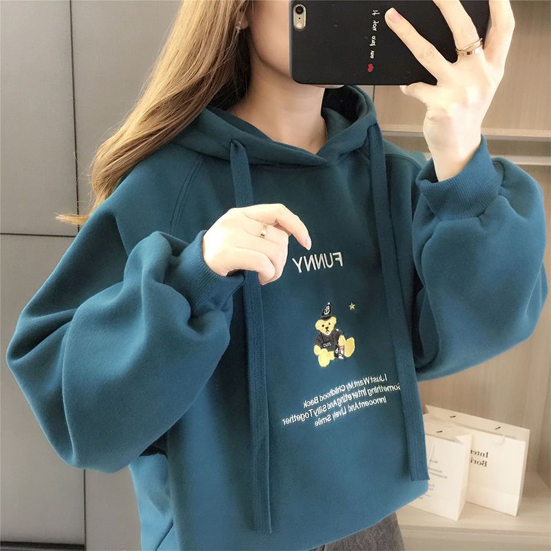 2023秋冬新款韓版寬鬆加厚加絨衛衣女連帽刺繡ins潮外套長袖上衣