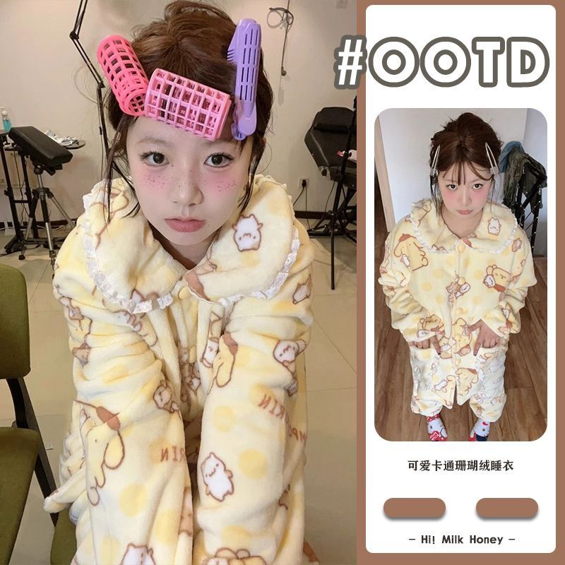 珊瑚絨睡衣女冬季新款保暖加厚加絨可愛娃娃領卡通印花家居服套裝