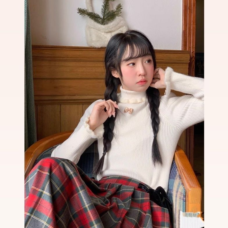 打底衫女秋冬高級感甜美黑白色水貂毛邊高領百搭針織毛衣內搭