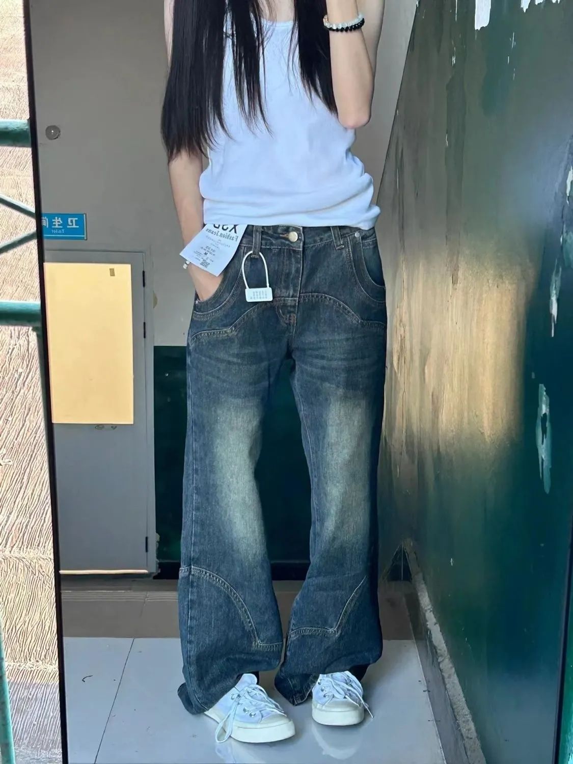 美式復古闊腿牛仔褲女秋季拼接設計感辣妹高腰寬鬆顯瘦直筒拖地褲