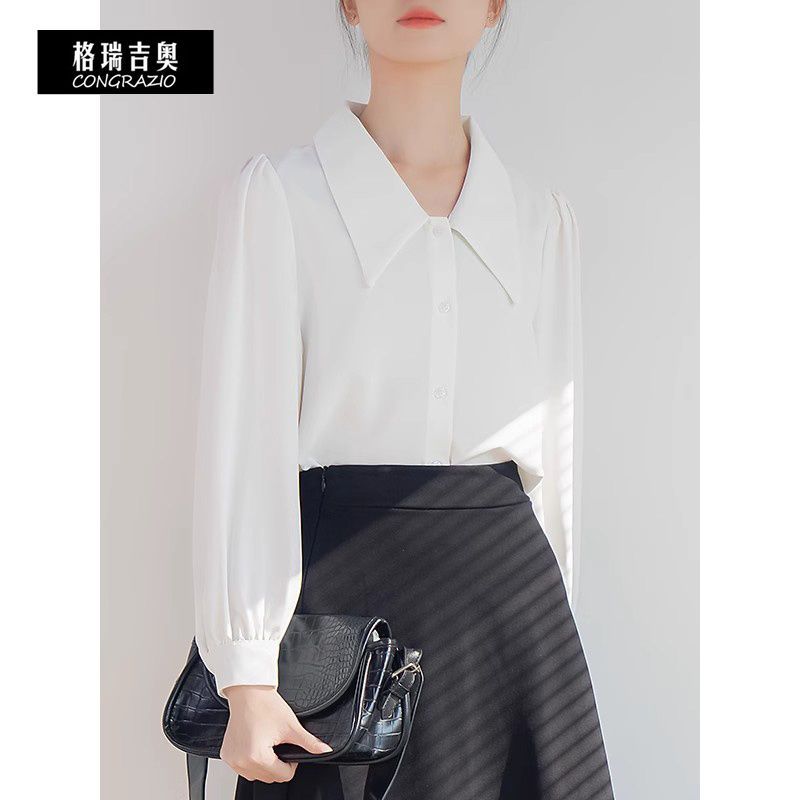 CONGRAZIO/格瑞吉奧法式職業通勤白襯衫女長袖設計感尖領氣質上衣