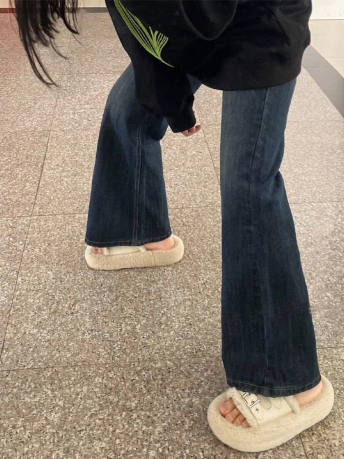 美式復古加絨加厚微喇叭牛仔褲女秋冬高腰寬鬆顯瘦直筒闊腿拖地褲